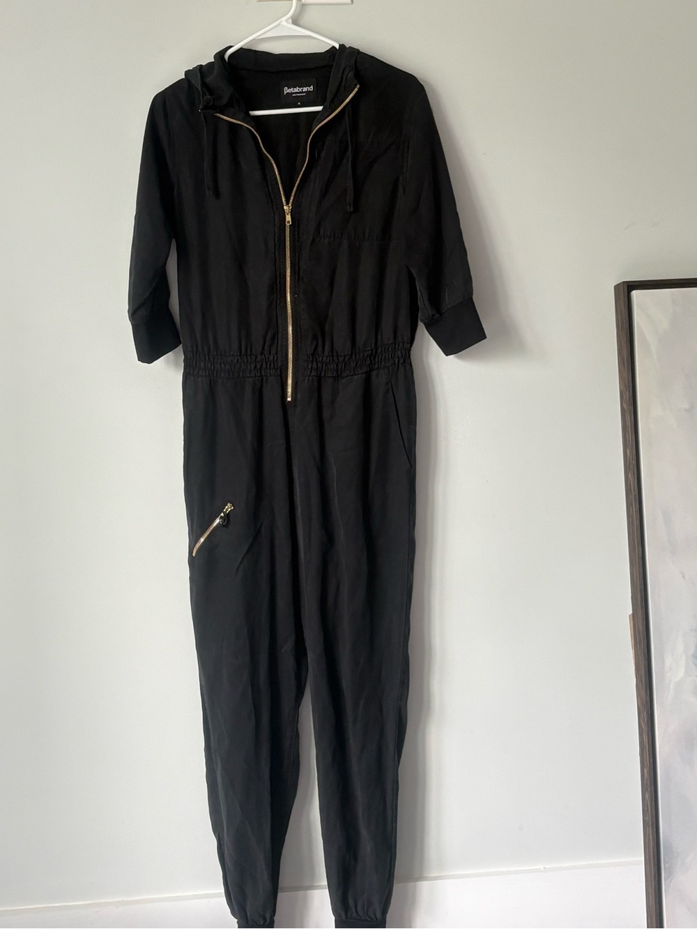 Betabrand Black Hooded Utility Jumpsuit with Gold Zip